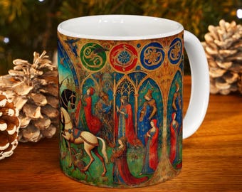 Bayeux Style Medieval Ceramic Mug, Historical Coffee Cup Gift, Tea Mug, Unique Kitchen Decor, 11oz 15oz Mug, Renaissance Fair