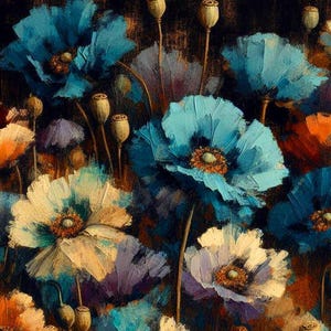May include: An oil painting featuring vibrant blue and white poppy flowers with visible brushstrokes. The composition includes several blooming flowers with textured petals, dark centers, and slender stems topped with round seed pods against a dark background.