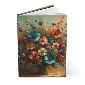 May include: A vintage-style painting of a bouquet of colorful flowers in shades of blue, pink, red, and yellow. The flowers are arranged in a vase and are set against a light brown background.