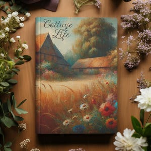 May include: A vintage-style book cover with a painting of a cottage in a field of wildflowers. The title of the book is "Cottage Life".