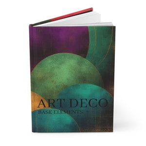 May include: A book cover with an abstract design featuring overlapping circles in shades of green, purple, and gold. The text "ART DECO BASE ELEMENTS. 1920." is printed on the cover.
