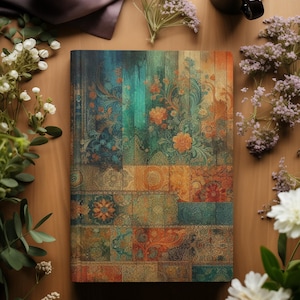 Könnte beinhalten: Ein Notizbuch im Vintage-Stil mit einem bunten floralen und geometrischen Muster auf dem Einband. Das Notizbuch ist geschlossen und liegt flach auf einer Holzoberfläche.