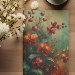 May include: A vintage-style painting of a floral bouquet featuring orange, red, and purple orchids with green leaves on a textured background.