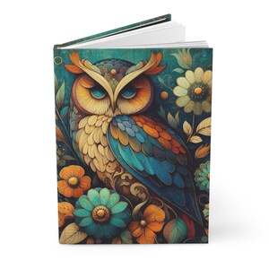 May include: A colorful owl with blue, green, orange, and yellow feathers is surrounded by flowers. The owl has large, round eyes and a serious expression. The background is a dark blue-green color.