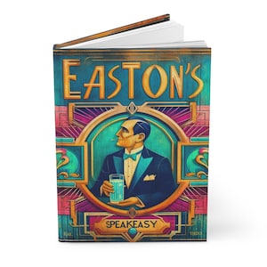 May include: A vintage-style illustration of a man in a tuxedo holding a glass of liquid. The illustration is framed in a gold and teal art deco design with the text "Easton's Speakeasy 1920" at the bottom.