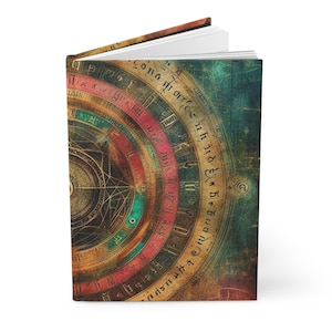 May include: A vintage-style journal cover with a circular design featuring a compass-like pattern with concentric rings of red, orange, yellow, green, and blue. The design is surrounded by a border of text in a dark brown font.