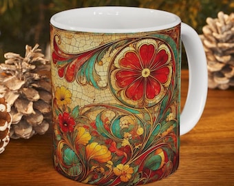 Vintage Floral Motif Design Ceramic Mug, (11oz, 15oz)