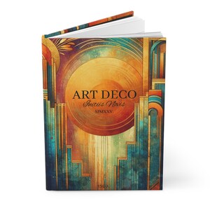 May include: A book cover with an Art Deco design. The cover features a geometric pattern in shades of gold, teal, and orange. The title "Art Deco" is written in black text, with the subtitle "Initiis Novis MMXXV." and the year "1920." at the bottom.