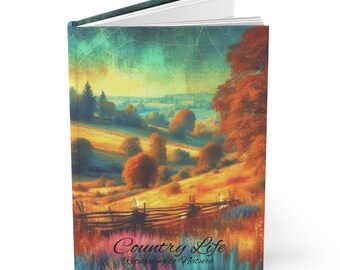 Könnte beinhalten: Ein Vintage-Buchcover mit einer malerischen Landschaft aus sanften Hügeln, Bäumen und einem Holzzaun. Der Himmel ist leuchtend blau mit einem goldenen Sonnenuntergang. Der Text auf dem Cover lautet "Country Life Returning to Nature".