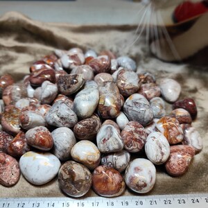 Peut inclure: Un tas de pierres polies aux tons blancs, bruns et rouges. Les pierres sont de tailles et de formes variées, avec des surfaces lisses et arrondies. Une règle est en bas, avec des mesures en centimètres.