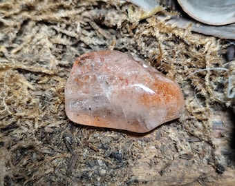 May include: A translucent, rounded gemstone with a peach hue and reddish-orange inclusions. The stone is set against a backdrop of brown and tan organic material, creating a natural aesthetic.