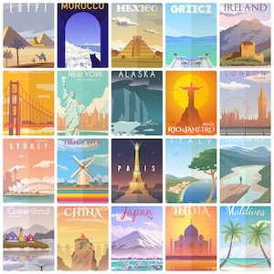 Poster di viaggio n. 1, cartolina vuota sul retro, ideale per il libro degli ospiti di nozze. ~ Venduto in confezioni da 25 ~ Stampato da Cherished Postcard.