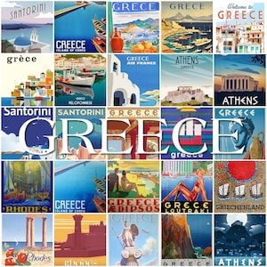 Postal con carteles de Grecia en blanco en el reverso, ideal para libro de visitas de bodas. ~ Se vende en paquetes de 25 ~ Impreso por Cherished Postcard.