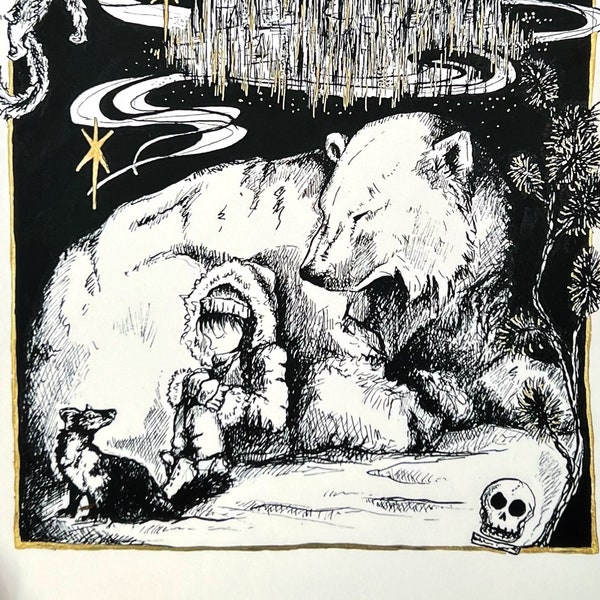 Lyra - A5 Giclee print, Lyra, His Dark Materials, Northern Lights, Iorek, polar bear, illustration
