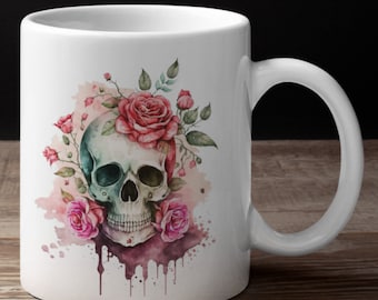 Caneca de cerâmica de caveira, caneca de café de caveira, presente de copo de caveira, caneca de caveira de flor, presente para ela