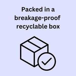 May include: A black and white line drawing of a cardboard box with a checkmark inside a circle. The text "Packed in a breakage-proof recyclable box" is above the box.