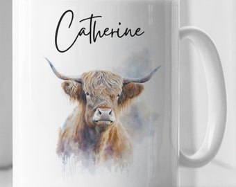 Personalised Cow Mug, Highland Cow, Mug For Cow Lovers, Farm Animal Mug, Mothers Day Gifts, Cow Gifts, Name Mug, Birthday Gifts