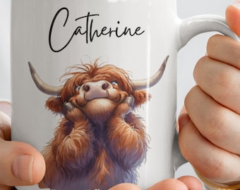 Personalised Funny Cow Mug, Highland Cow, Gift For Cow Lovers, Farm Animal Mug, Mothers Day Gifts, Funny Cow Gifts, Name Mug, Birthday Gifts