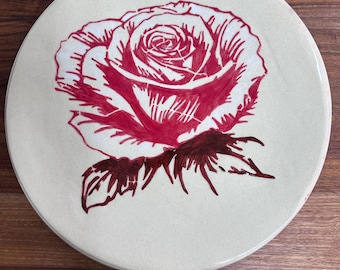 Rosa Fiotilis - Handmade Ceramic Serving Platter – Red Rose Design, Stoneware Cheese Board