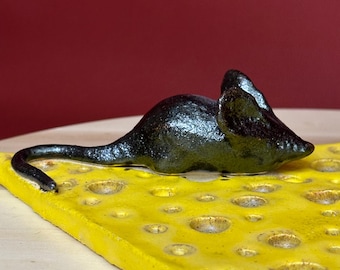 The Cheese Thief - Handmade Ceramic Cheese Platter with Mouse / One of a kind Stoneware Dish