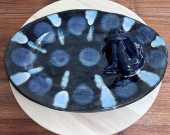 The Overwhelmed - Handmade Ceramic Platter – Sculptural Man Figure, Moody Glaze Art Centerpiece