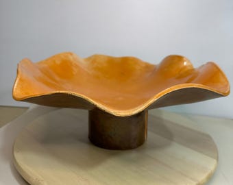 Aurora's Glow - Sculptural Pedestal Bowl in Amber Glaze / Handmade Ceramic Centerpiece