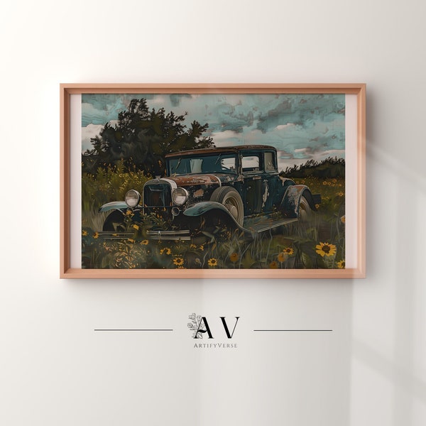 An Old Charm Among Wildflowers Fields Oil Painting PRINTABLE, Vintage Automobile, Canvas, Home Decoration, Digital Download| ArtifyVerse L21