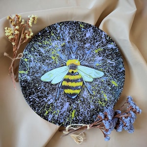Bee Vinyl Record Art – Purple & Yellow Splatter Background – Upcycled Wall Decor