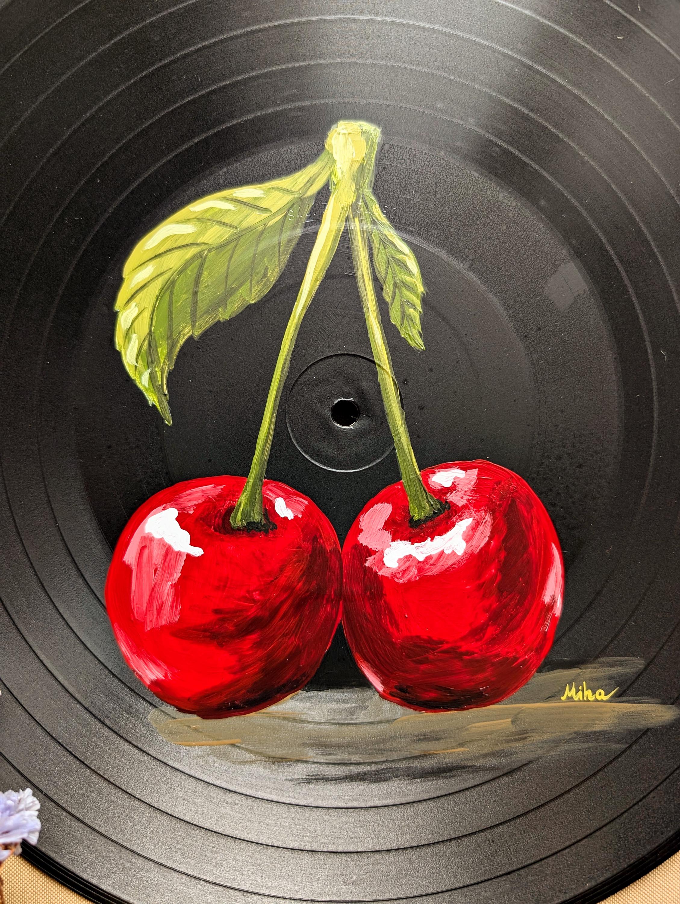 Cherry Vinyl Record Art – Retro Cherries Design, Bold Fruit Wall
