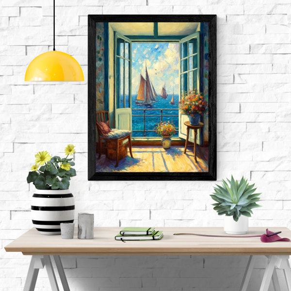 Fauvism Window View: Expressive Sailing Seascape, Digital Vintage Style Coastal Art, Printable Nautical Home Decor, Bright Sea Painting