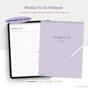 May include: A light purple spiral-bound weekly to-do notepad with the text "Weekly To Do Notepad." The notepad includes a grid layout for daily planning and a section for appointments and notes. A white stylus rests on the cover.