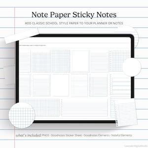 May include: A digital tablet displaying various note paper sticky note designs. The text "Note Paper Sticky Notes" is at the top, with the description "ADD CLASSIC SCHOOL STYLE PAPER TO YOUR PLANNER OR NOTES". The image includes PNGs, Goodnotes Sticker Sheet, Goodnotes Elements, and Noteful Elements.