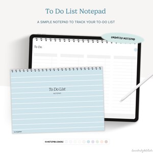 May include: A light blue To Do List notepad with white horizontal lines, and the text "To Do List Notepad". An undated notepad is displayed on a tablet. The image also shows 10 notepad cover colour options.
