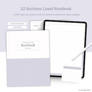 Op de afbeelding: Een digitaal notitieboek met 52 secties, voorzien van een wit en lichtpaarse kaft met het label LavenderDigitalStudio Notebook Lined Edition. Het scherm toont een gelinieerde pagina met een datumveld, een stylus en een to-do lijstje.