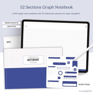 Graph Digital Notebook | 52 Hyperlinked Sections | GoodNotes Math Notes | Project Planning | Blue Notebook (Landscape)