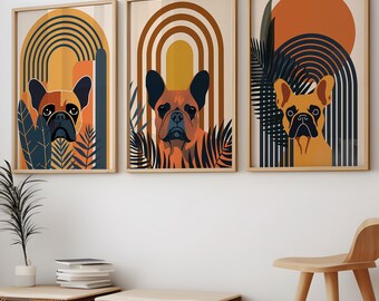 French Bulldog Wall Art Printable Set of 3, Mid Century Modern Frenchie Prints, Dog Lover Gift, Digital Download