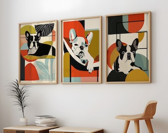 French Bulldog Wall Art Printable Set of 3, Mid Century Modern Frenchie Prints, Instant Digital Download, Dog Lover Home Decor