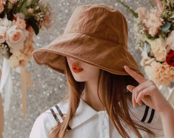 Beige Bucket hat, Wide brim bucket hats, fisherman hat, Linen sun hat, Linen hat with straps, Linen fisherman hat