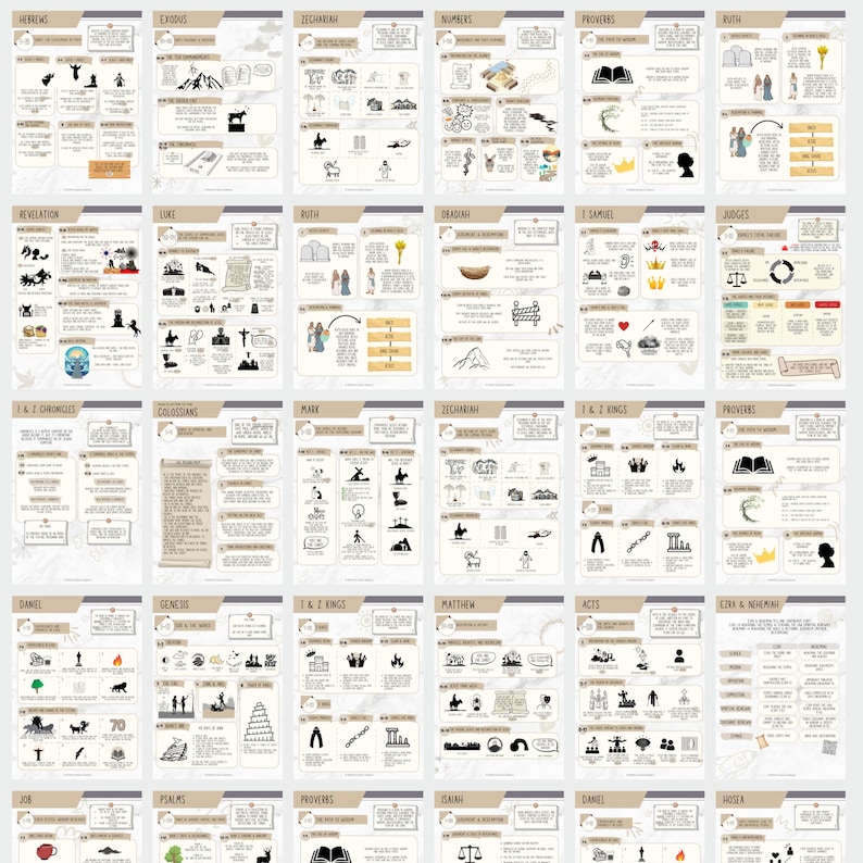 May include: A collection of illustrated Bible study guides, each featuring hand-drawn images and text. The guides cover various books of the Bible, including Hebrews, Exodus, and Proverbs. The illustrations are in black and white with a beige background.