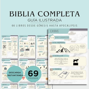 Op de afbeelding: Een digitale download van een Spaanse Bijbelstudiegids. De gids heet "BIBLIA COMPLETA GUÍA ILUSTRADA" en bevat 66 boeken van Genesis tot Openbaring. De pagina's zijn lichtblauw met illustraties en tekst. De gids heeft 69 pagina's.