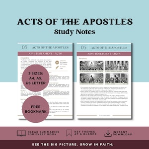 Puede incluir: Notas de estudio de Hechos de los Apóstoles, con un diseño rosa y blanco. Las notas incluyen resúmenes claros, temas clave y están disponibles en tamaños A4, A5 y US Letter. Incluye un marcapáginas gratis.