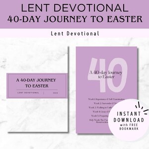 Könnte beinhalten: Ein lila und weißer digitaler Download für ein 40-tägiges Fasten-Andachtsbuch mit dem Titel "Eine 40-tägige Reise zu Ostern". Das Bild enthält einen Textüberlagerung, der "Sofortiger Download mit kostenlosem Lesezeichen" lautet.