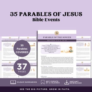 May include: A digital download featuring 35 parables of Jesus Bible events. The cover displays the title in black text on a white background, with the text "35 Parables Covered" in a purple circle. The product includes 37 pages with clear summaries.