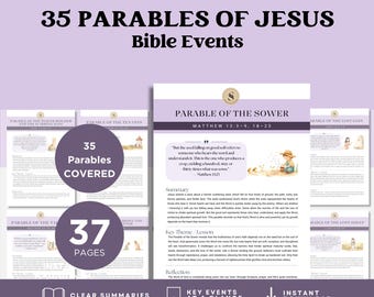 May include: A digital download featuring 35 parables of Jesus Bible events. The cover displays the title in black text on a white background, with the text "35 Parables Covered" in a purple circle. The product includes 37 pages with clear summaries.