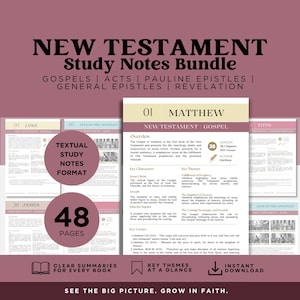 May include: A New Testament study notes bundle, covering Gospels, Acts, Pauline Epistles, General Epistles, and Revelation. The image displays a detailed layout with summaries, key themes, and a focus on Matthew, with 48 pages. The text reads "See the big picture. Grow in faith."