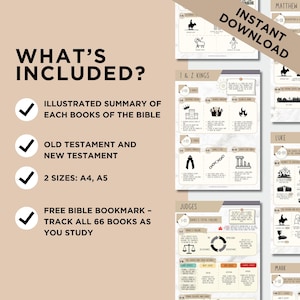 May include: A beige digital download graphic with the text "WHAT'S INCLUDED?" and a list of features: illustrated summaries, Old and New Testament, A4 and A5 sizes, and a free bookmark.