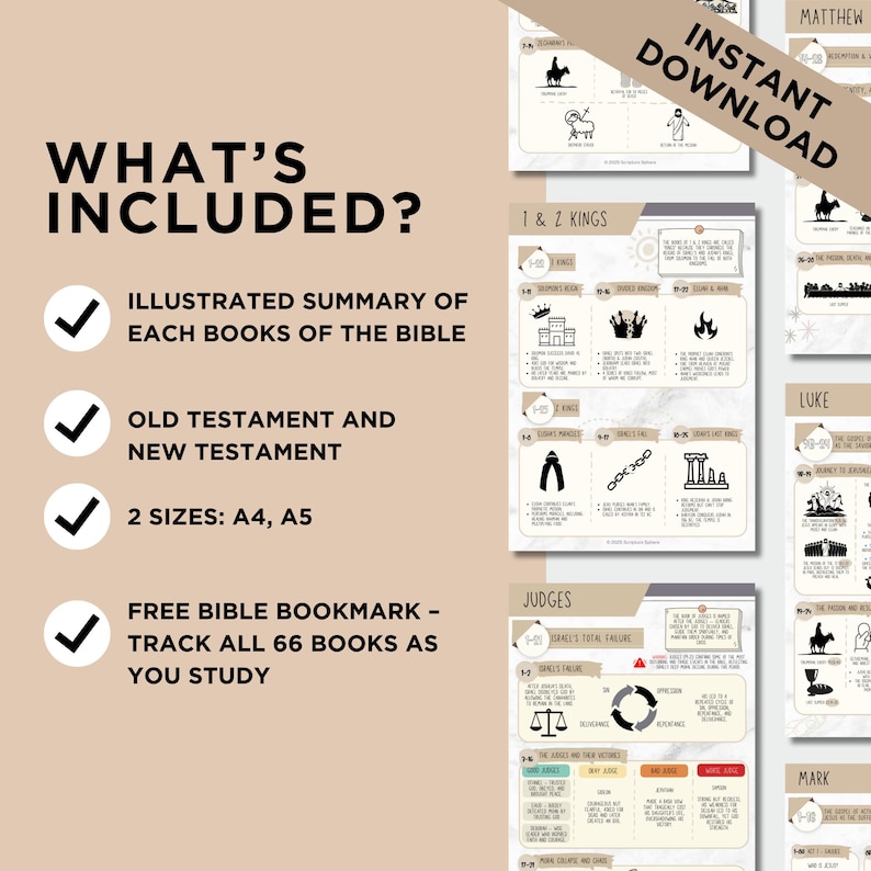 May include: A beige digital download graphic with the text "WHAT'S INCLUDED?" and a list of features: illustrated summaries, Old and New Testament, A4 and A5 sizes, and a free bookmark.