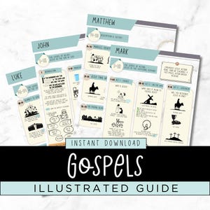 Illustrated Gospels Books Bible Study Cheat Sheet | Bible Made Simple | Study Guide | New Testament Summary | Digital Download
