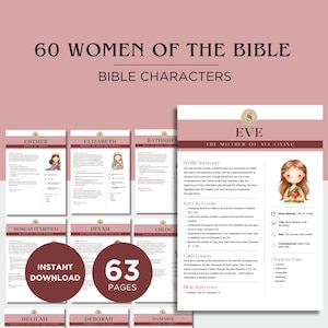 May include: A digital download featuring 60 Women of the Bible, Bible characters. The design includes character profiles, illustrations, and the text "Instant Download" and "63 Pages". The color scheme is primarily burgundy and white.