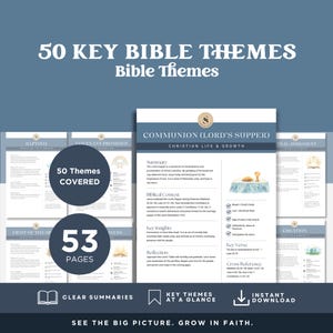 May include: A digital product with the title "50 Key Bible Themes" and the subtitle "Bible Themes." The product includes 53 pages covering various topics, with clear summaries and key themes at a glance. The product is available for instant download.